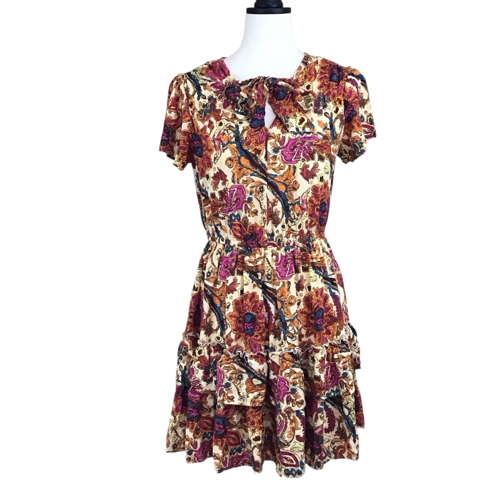 Jessica Simpson Floral Tiered Fit And Flare Short Sleeve Dress S Tied V-Neck